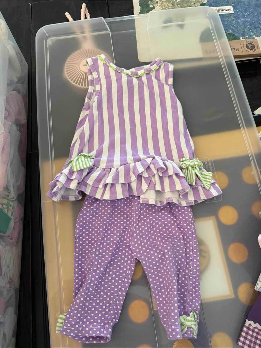 Lilac Stripe & Polka Dot Two-Piece Outfit with Green Bow Accents